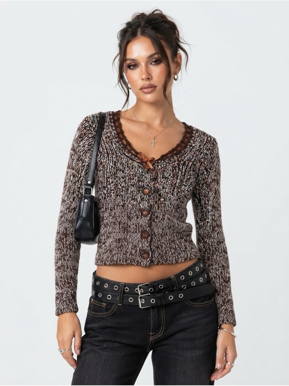 Y2K Brown & White Knitted Cardigan With Ribbon Detail Size S